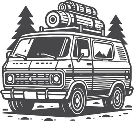 Van for travel and camping in forest, white background. Vector illustration