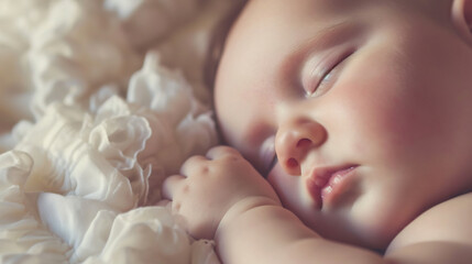 Close up of cute newborn baby sleeping in a bright room, newborn baby health care concept - obrazy, fototapety, plakaty