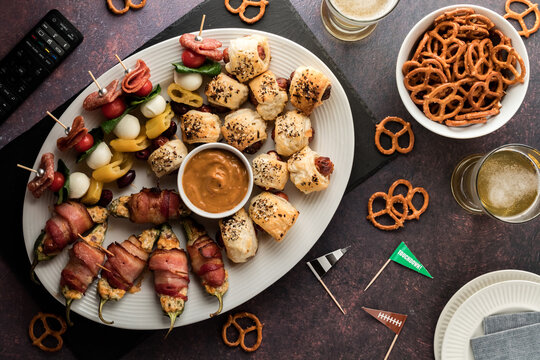 A platter of appetizers ready for sharing at a Super bowl celebration.
