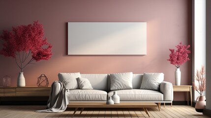 Elegant living room interior with white sofa and pink wall