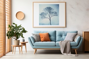 Blue sofa in a living room with a tree painting - obrazy, fototapety, plakaty