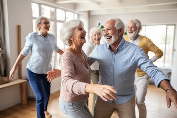 Group of diverse senior friends dancing happily together indoors