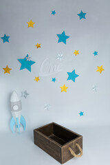 photo zone with stars on the wall. space for a child's photo shoot