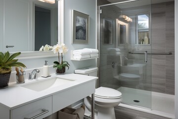 Modern bathroom with white vanity, gray tile shower, and large mirror