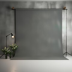 Gray photography studio background with spotlight and flowers - obrazy, fototapety, plakaty