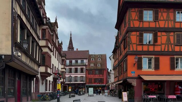 Christmas and New Year time in historical center district La Petite France Little France Strasbourg, Alsace, France December 25, 2023. High quality 4k footage