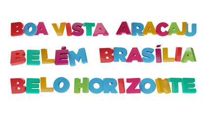 Set 8K de nomes de capitais do Brasil em 3d colorido para carnaval ou turismo de Boa Vista,...