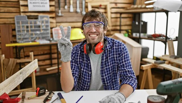 Cheerful young carpenter flashing a victory sign, winking in delight at his win at carpentry. happy face, glowing smile, joy of a successful craftsman!