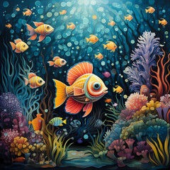Fototapeta na wymiar Whimsical underwater scene with colorful fish and coral.