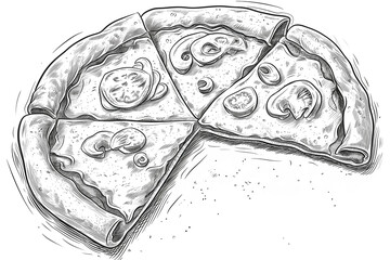 schematic drawing of a pizza, without coloring, ideal for packaging. Transparent background. PNG - obrazy, fototapety, plakaty