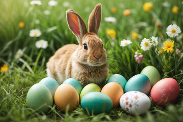 Fototapeta na wymiar easter bunny with easter eggs in the garden