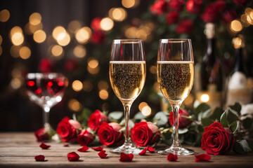 two glasses and rosses of champagne valentines background