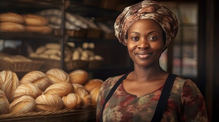 Fototapeta na wymiar African middle age female standing in front of bakery 