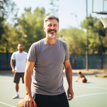 Smiling man holding a basketball on a court
