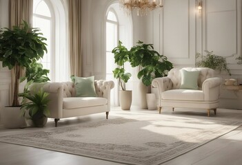 Fototapeta na wymiar Contemporary classic white beige interior with green plant tree and decor carpet background