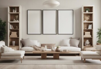 Contemporary classic white beige living room interior with three vertical picture frame on the wall and wooden shelfs with books