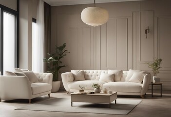 Contemporary classic white beige living room with sofa and decor background