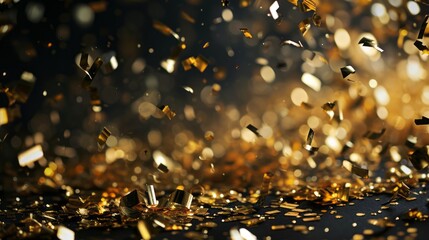 golden christmas confetti and sprinkles for a holiday celebration like christmas or new year. shiny golden lights. isolated dark black wallpaper background ads gifts wrap and web design. Generative AI
