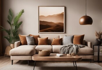 Home interior with ethnic boho decoration Living room in brown warm color Poster frame on mockup wall