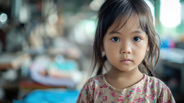 Small Asian girl in factory with blurred background, depicting illegal child labor in a documentary style.