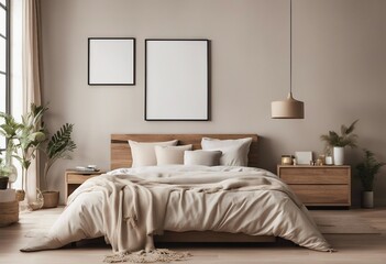 Fototapeta premium Two different size frame mockups in boho bedroom interior with wooden floor and white bed