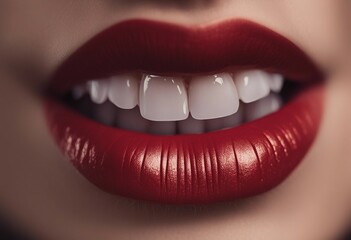 Obraz premium Red lipstick make up texture White teeth Beautiful smile Oral health