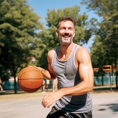 Fototapeta premium Smiling middle-aged man playing basketball on a sunny day