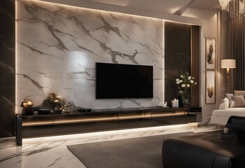 Elegant and luxury interior in marble Open living room with TV and wall 