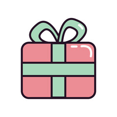 Groovy hippie gift box character icon in doodle style. Present box with bow in cartoon character in trendy retro outline style for Christmas isolated vector illustration