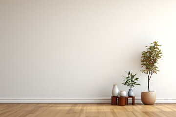 3D rendering of a room with a wooden floor, plants, and vases