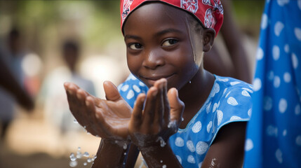 African girl washes her hands. Global Handwashing Day.