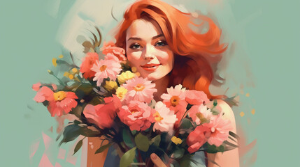Happy beautiful girl holding a gift bouquet of flowers. Young stylish woman with a flower bouquet. Mother's Day, Valentine's Day, March 8 Women's Day concept. Illustration on soft colors.