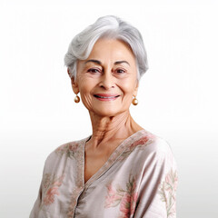 Stylish, beautiful elderly woman on a white background.