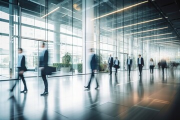 Business professionals walking in a modern office building