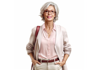 Stylish, beautiful elderly woman on a white background.