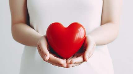 Women's hands hold a red volumetric heart on a white background. Heart close up.