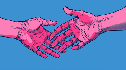 Close-up illustration of hands. Pink palms on a blue background.