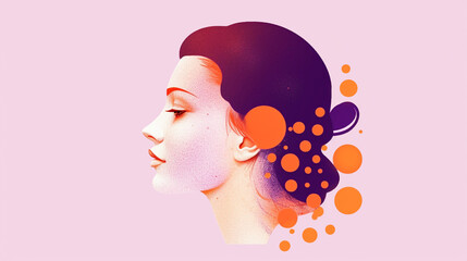 Illustration of a woman's face in profile with purple and orange spots.