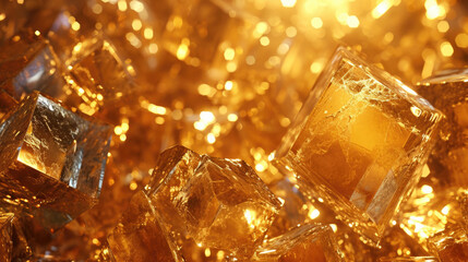 Golden crystals and glass cubes wallpaper with abstract 3D light shine. Luxurious gold crystals background.