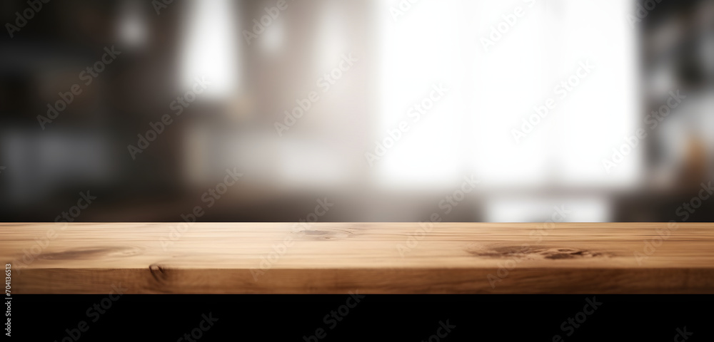 Poster light wood table top on blur white gray abstract background - can be used for display or montage you