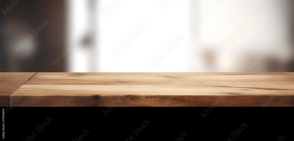 Poster light wood table top on blur white gray abstract background - can be used for display or montage you