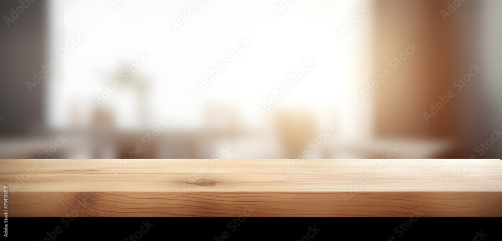 Poster light wood table top on blur white gray abstract background - can be used for display or montage you