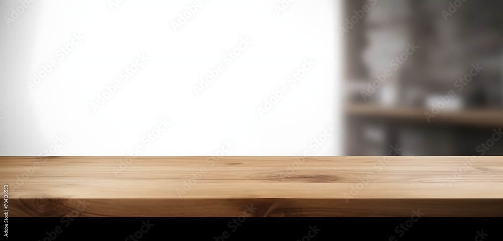 Poster light wood table top on blur white gray abstract background - can be used for display or montage you