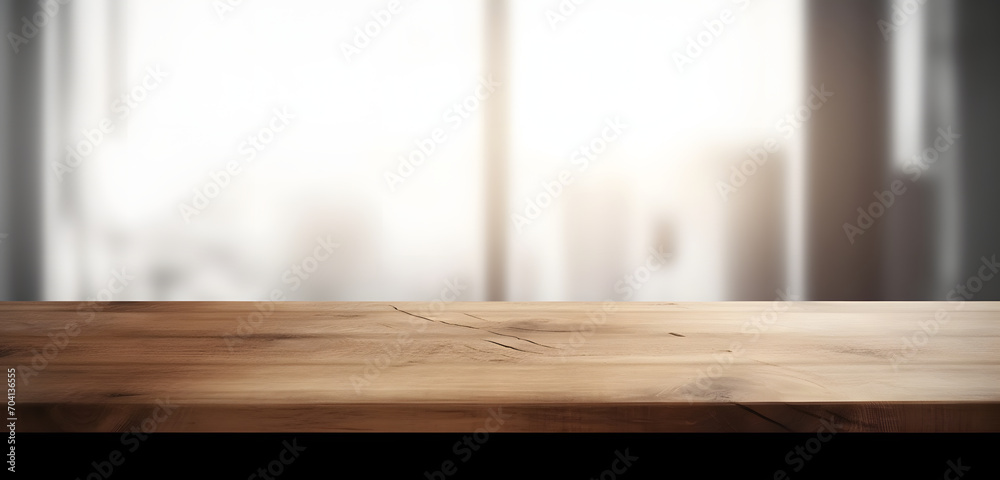 Poster light wood table top on blur white gray abstract background - can be used for display or montage you