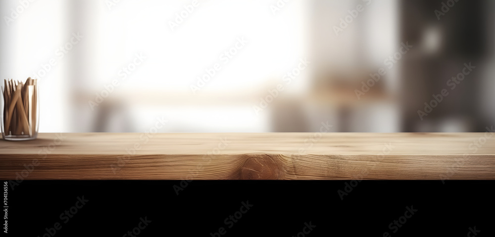 Poster light wood table top on blur white gray abstract background - can be used for display or montage you