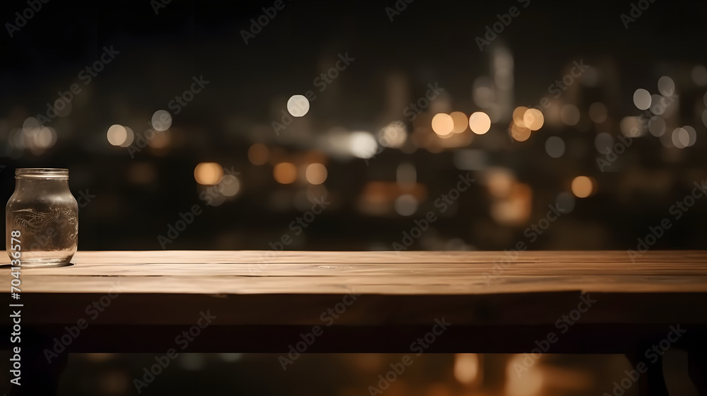 Poster empty dark wooden table in front of abstract blurred bokeh background of restaurant . can be used fo