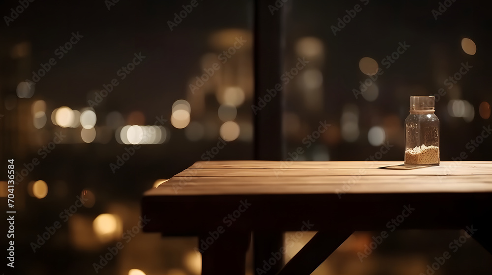 Aufkleber Empty dark wooden table in front of abstract blurred bokeh background of restaurant . can be used for display or montage your products.Mock up for space