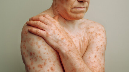 Man suffering from psoriasis spots all over the skin. Psoriasis day.
