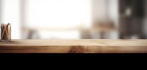 Light wood table top on blur white gray abstract background - can be used for display or montage your products