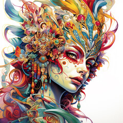 Carnival style, multi-colored masks with multi-colored plumage on white.